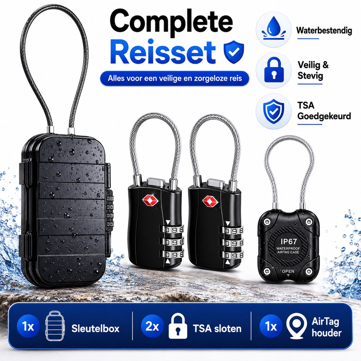 Draagbare Reiskluis met AirTag Houder & 2 TSA Sloten – Waterproof Travel Safe met Stalen Kabel voor Strand, Koffer & Vakantie