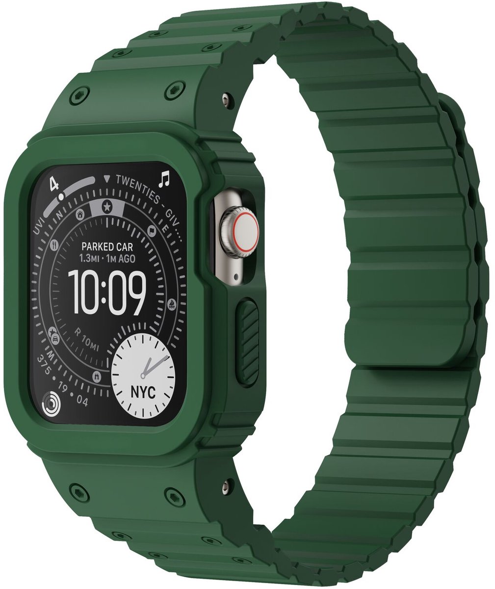 Buddi Forge Bandje en Hoesje Geschikt voor Apple Watch 49MM - Siliconen Sportbandje met Case - Magneetsluiting - Groen