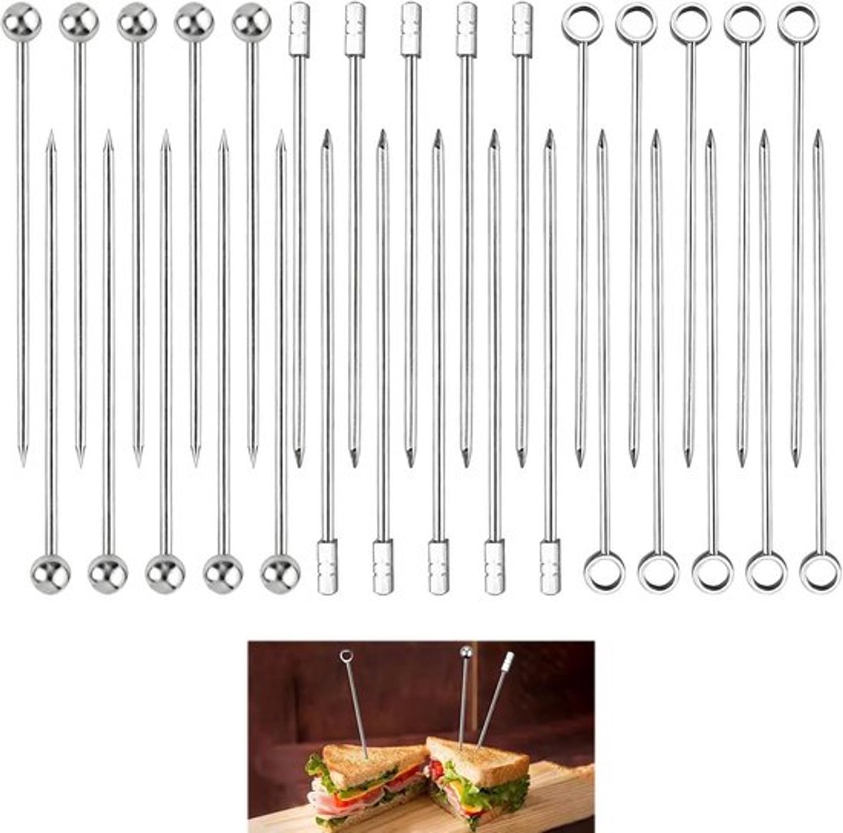 30x Herbruikbare Cocktailprikkers RVS - Metalen Fruitspiesjes voor Drankjes & Hapjes