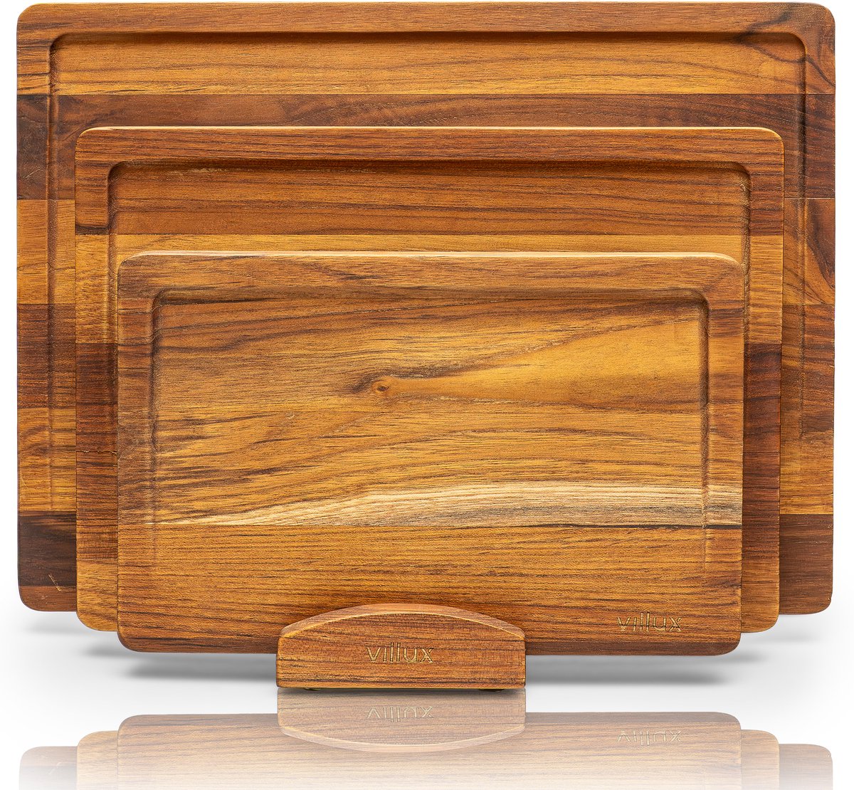 Villux Snijplank - Snijplankenset Met Houder - Snijplank Hout - Snijplanken - Snijplank Teakhout- Houten Snijplank - Snijplankenset - Tapasplank - Borrelplank - Serveerplank - Hapjesplank - Inclusief eBook - 3 Stuks - Teakhout