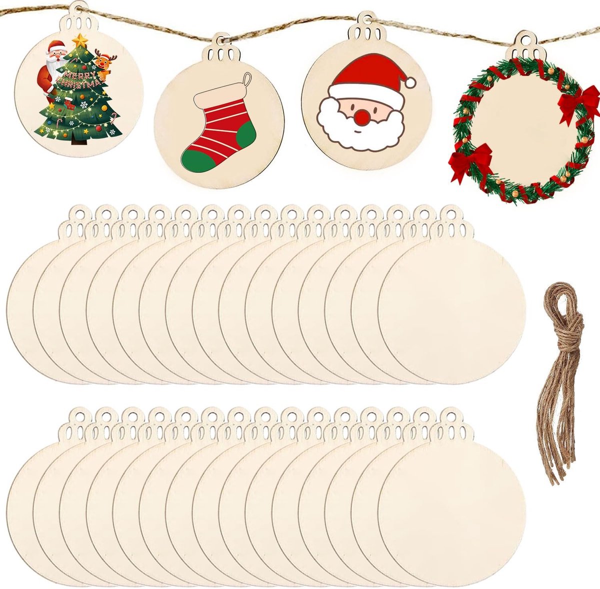 Dailygoody - 30 Stuks Ronde Houten Kerstballen - Natuurlijke Decoratie - Veilig en Duurzaam - Perfect voor Kerstmis - Creatief Versieren - Geschi