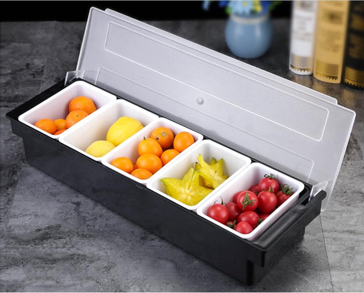 Multifunctionele plastic fruitkisten met 5 vakken en deksel voor opslag en organisatie van fruit