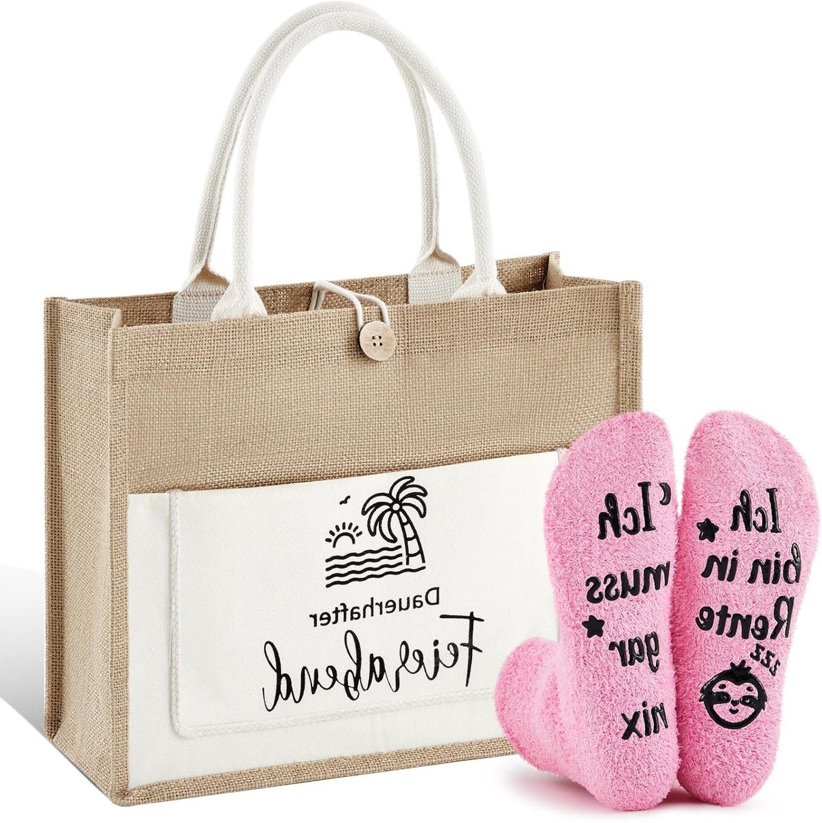 Cadeaus voor gepensioneerden met jute boodschappentas en sokken, originele en grappige geschenken voor vrouwen en moeders