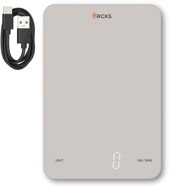 BRCKS Digitale Keukenweegschaal - Tot 10kg - 1g Precisie - USB-C Oplaadbaar - Weegschaal Keuken - Tarra & Geheugen - Warm Grijs