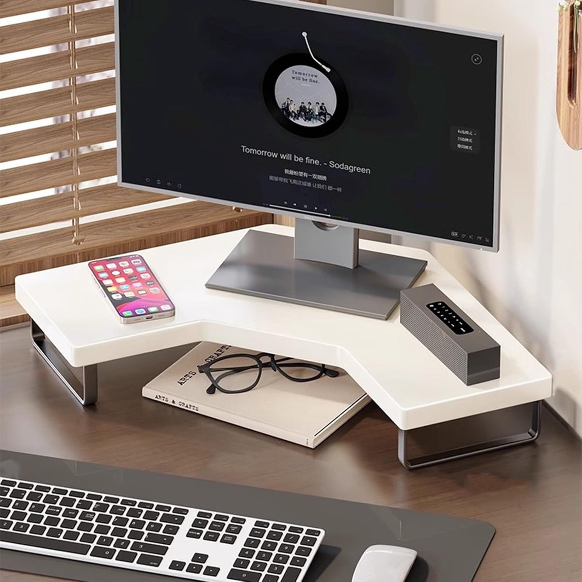 Hoek Monitor Standaard Riser Bureau Organizer Houten Monitor Verhoger met Metalen Poten Ruimtebesparende Corner Desk Opbergplank voor Monitor Printer Laptop Ergonomische Werkplek Oplossing – Mobili Bella
