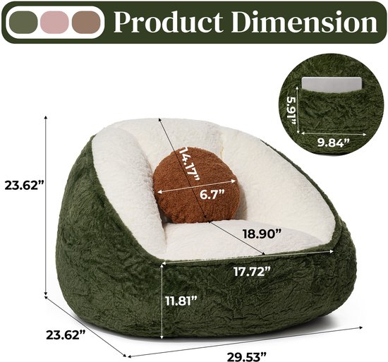 Afmetingen van een groene avocadovormige zitzak met witte, zachte voering en bruine pit.