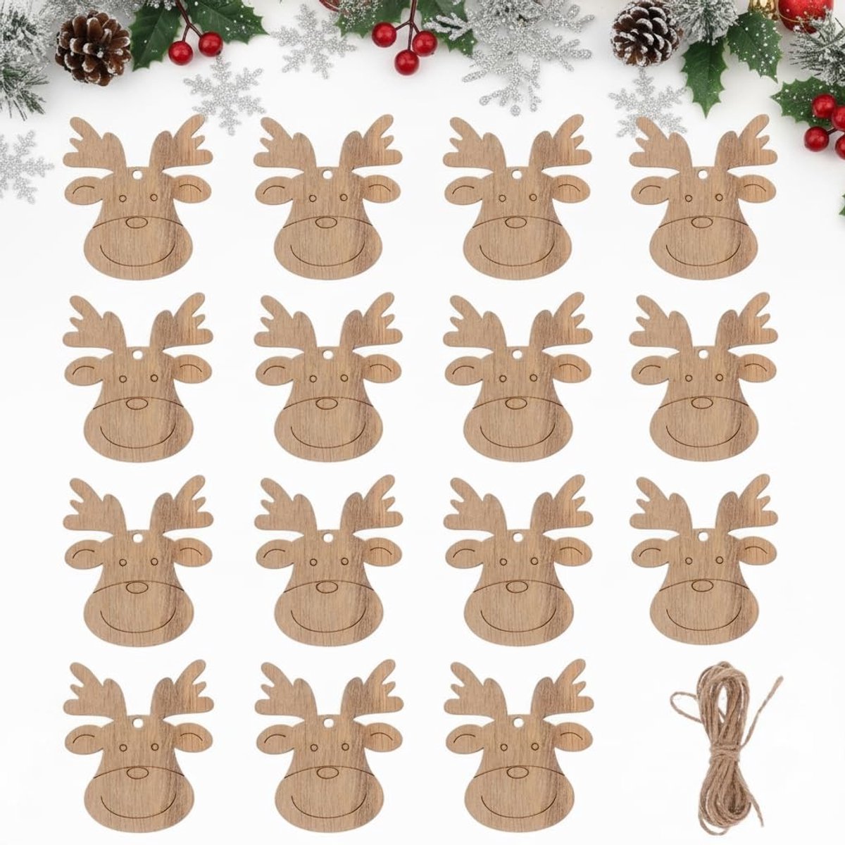 Dailygoods - Dailygoody - Houten Kerstversiering - DIY Kerstdecoratie - 20 Stuks - Rendier Hoofd Hanger - Ongefinished Hout - Perfect voor Kerstfeest - 8 x 6 cm