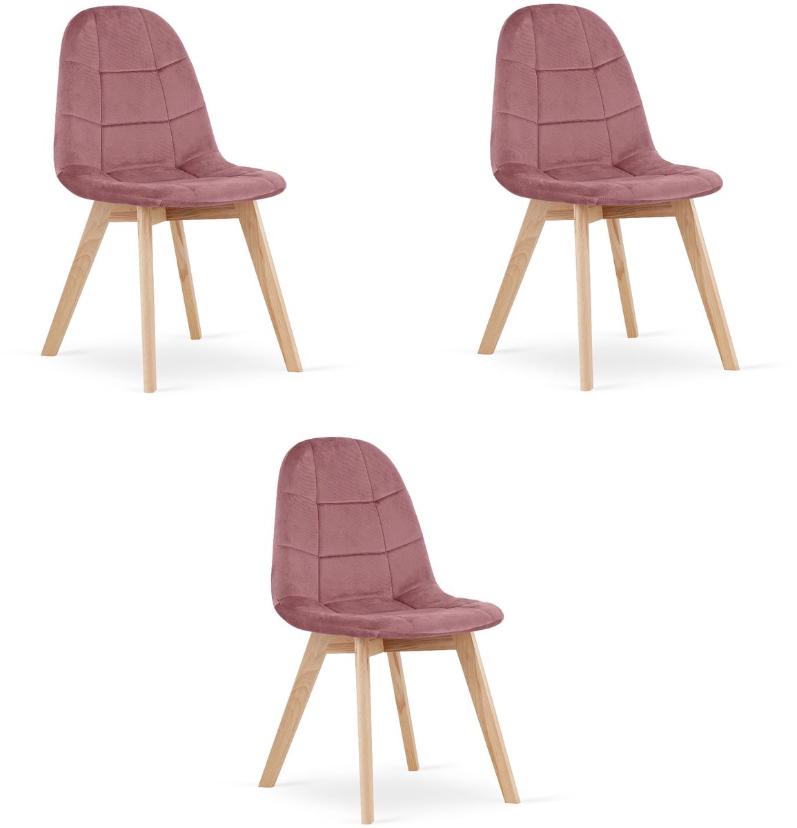 LEOBERT BORA Eetkamerstoelen – Set van 3 – Donkerroze Velvet – Beukenhouten Poten – Comfortabele en Ergonomische Zitting – Scandinavisch Design – Voor Woonkamer, Keuken, Eetkamer en Slaapkamer donkerroze / beukenkleur