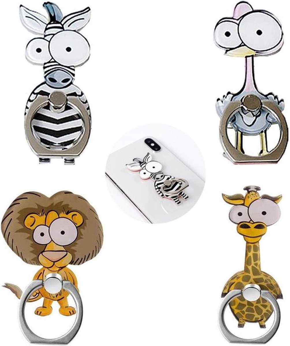 Telefoon Ringhouder Dieren - 4 Stuks Cartoon Design - Universele Smartphone Grip