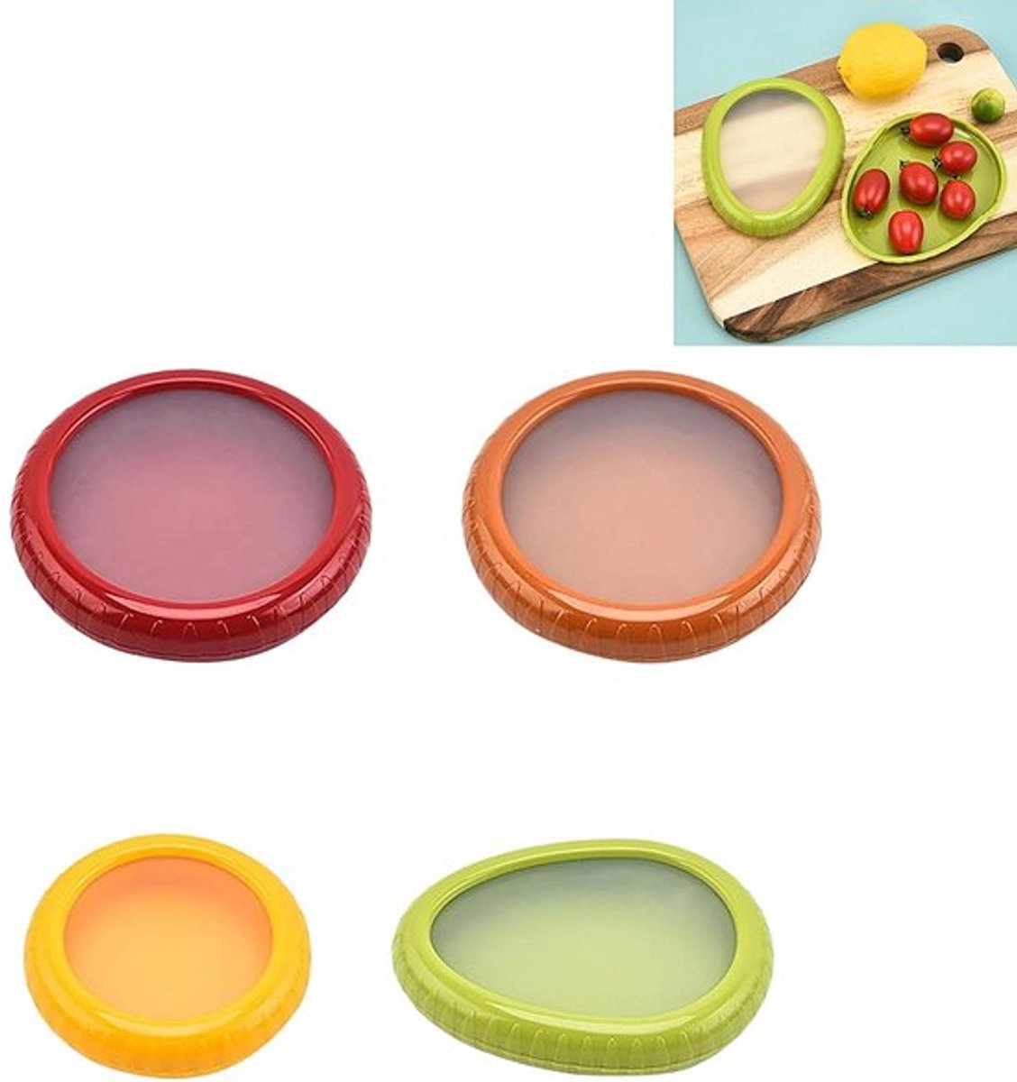 4 stuks bewaardozen de koelkast - siliconen afdichting ter voorkoming van oxidatie - avocado crisper - bewaardoos voor verse vruchten -14*10.8*2.5cm - geschikt voor het bewaren van fruit en groente in de koelkast thuis - rood, oranje, geel,groen