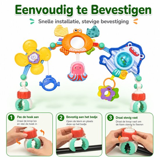 BOTC Speelboog Baby - Wagenspanner met Hangend Speelgoed - Voor Kinderwagen, Autostoeltje, Wieg & Ledikant - Baby Speelgoed - Kleurrijk - Zeedieren — afbeelding 5