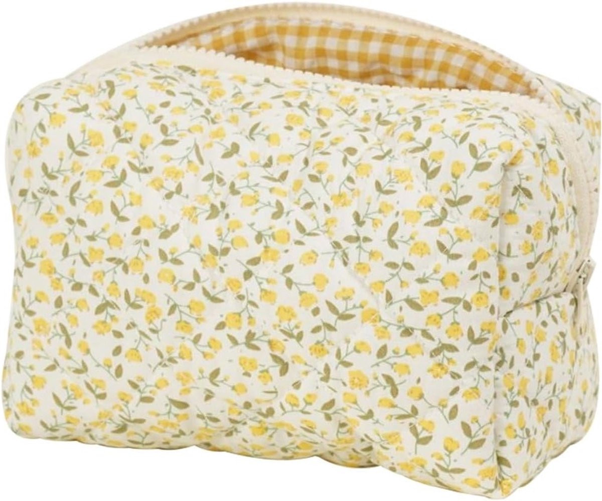 Elegante gewatteerde make-uptas met bloemen, ruim ontwerp voor make-upborstels en schoonheidstools, zacht katoen en geruite voering
