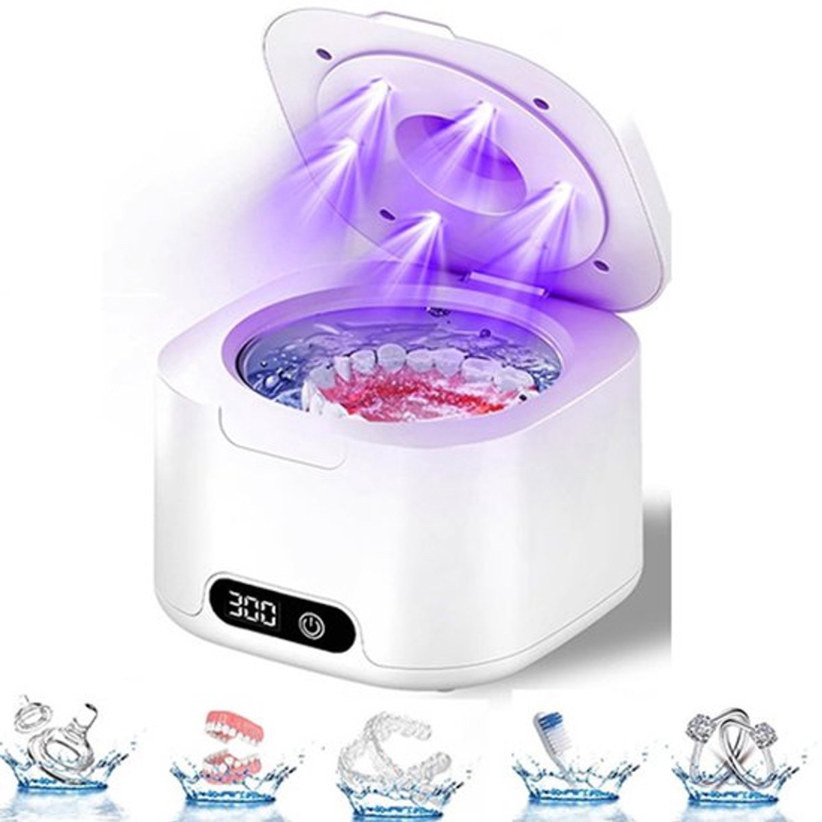 Ultrasone gebitsreinigingsmachine - Ultrasone reiniger - Kunstgebit en Prothese Schoonmaken - Ultrasoon reinigingsapparaat met UV-functie - 300 ml - Wit