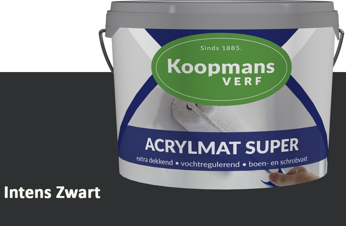 Koopmans Acrylmat Super Matte Muurverf – Professionele Binnenmuurverf en Buitenmuurverf – Reukarm en Afwasbaar – Intens Zwart – 5 liter