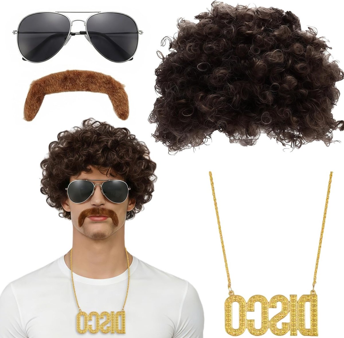 Retro 1980s Disco Kostuum voor Mannen met Peruk, Zonnebril en Disco Ketting voor Carnaval en Feestjes
