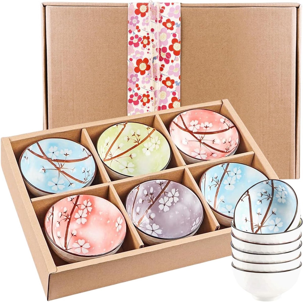 Set van 6 Kleurige Porseleinen Kommen van 300 ml voor Snacks, Ontbijtgranen, IJs en Desserts
