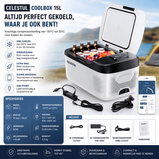 Celestul - Coolbox - Koelbox 15L - Elektrische Coolbox - Draagbare mini koelkast - Draagbare Auto Vriezer 12/24Volt - Wit/Zwart — afbeelding 3
