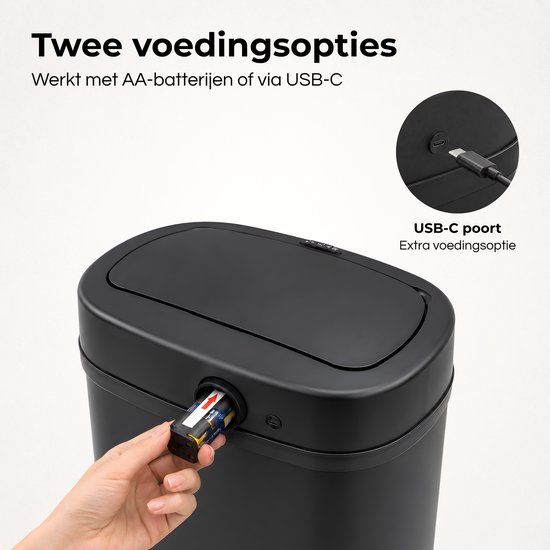 Sluit de deksel van de zwarte sensor prullenbak en plaats AA batterijen.
