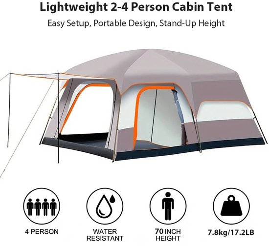 Grote familiecampingtent voor 2-4 personen -waterdichte UV-bescherming - winddichte buitentent met muggennet - 3 deuren - geventileerd ontwerp - draagbare lichtgewicht tent voor kamperen, wandelen, strand, backpacken, reizen, festival — afbeelding 2
