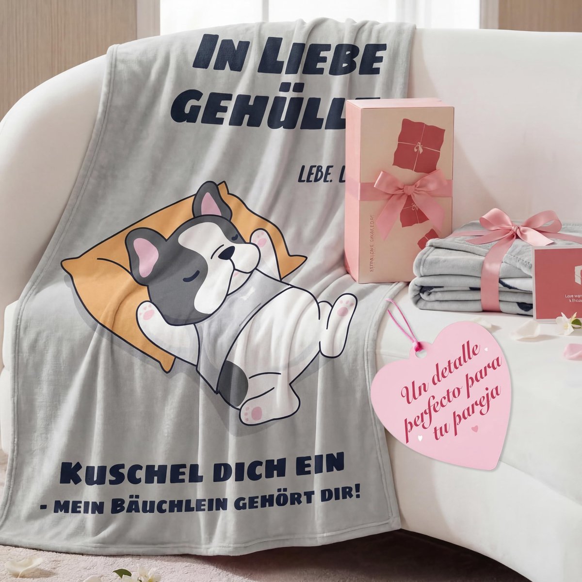 Dailygoods - Dailygoody - Knuffeldeken - Cadeau voor volwassenen - Zacht en warm - Grijze bulldog - Decoratieve fleece deken - Perfect voor thuis en als geschenk