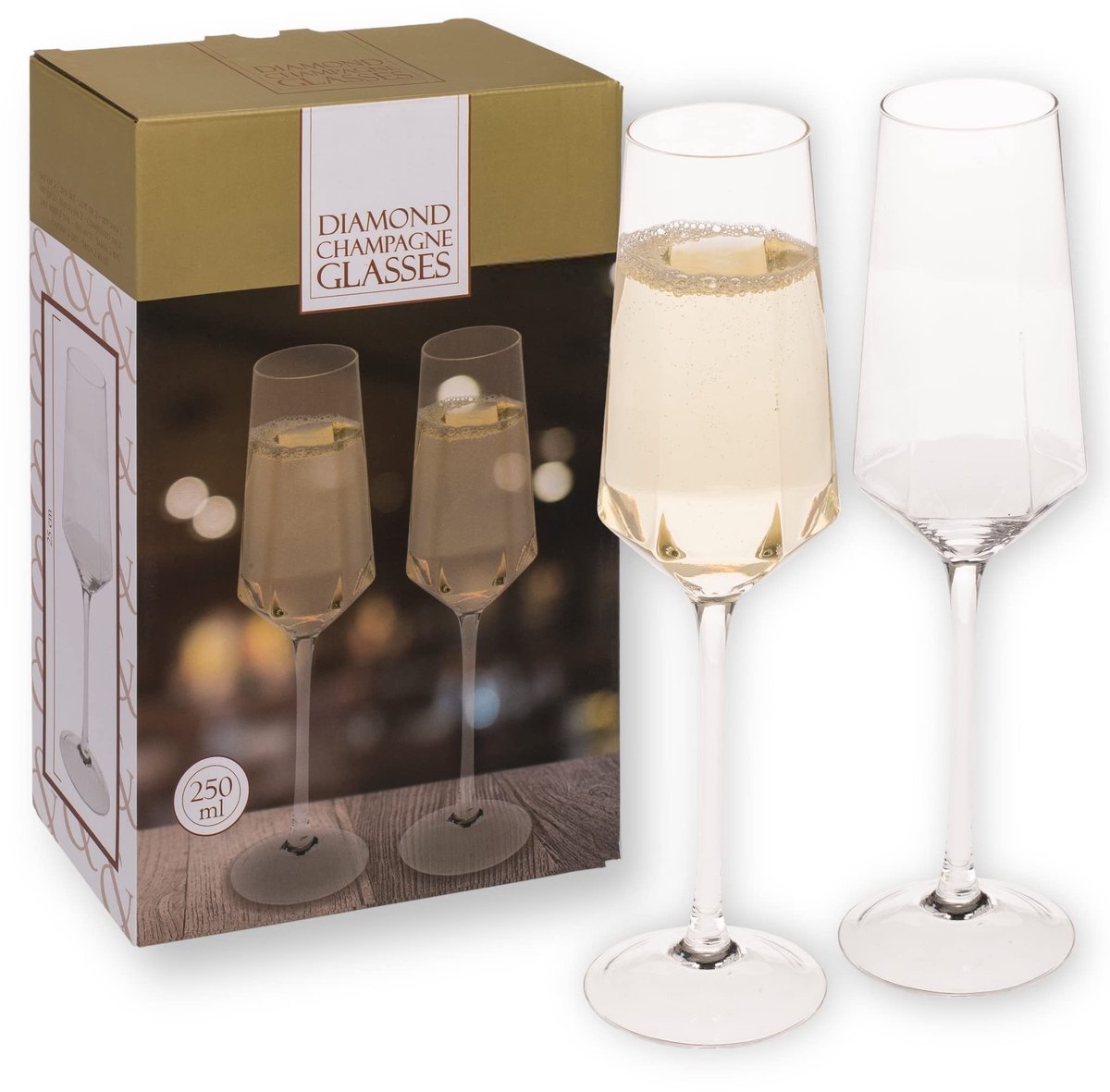 Dailygoods - Dailygoody - Diamantchampagneglazen - Set van 2 - Elegante vorm - 250 ml - Perfect voor speciale gelegenheden - Inclusief geschenkdoos - Voor rom