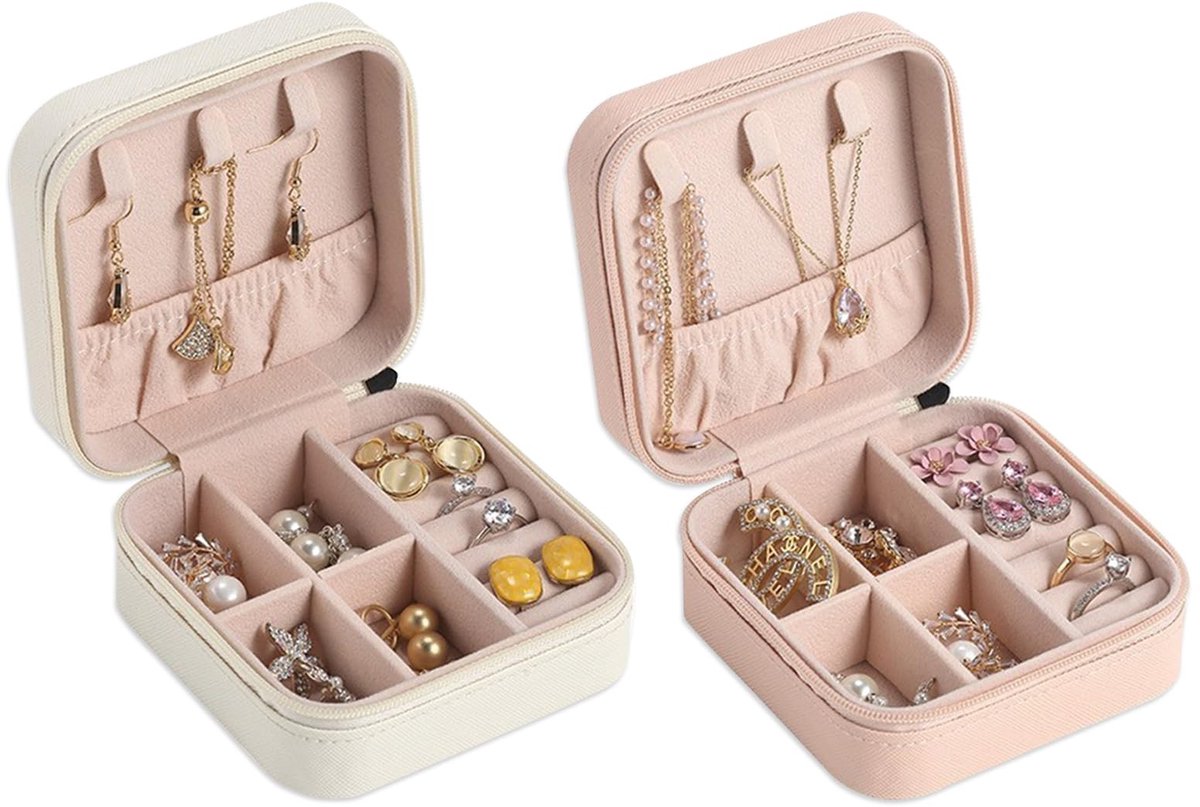 Dailygoods - Dailygoody - Sieradenkistje - Mini-reissieradenopbergdoos - Draagbare sieradenorganizer - Roze en wit - Geschikt voor dames - Voor ringen en oorbellen
