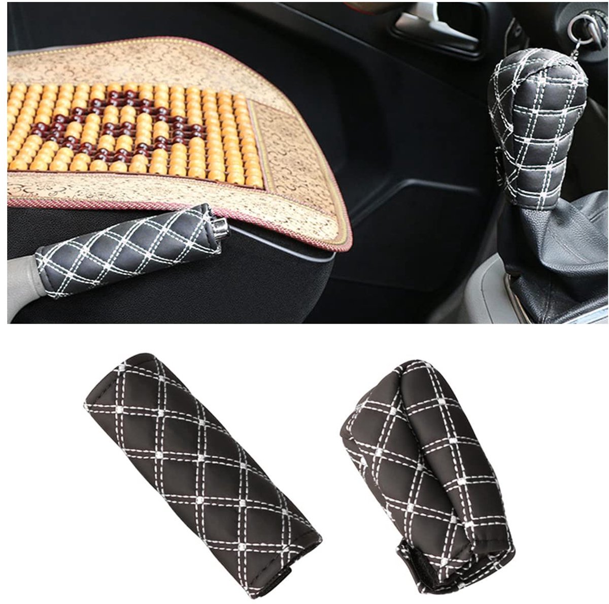 Dailygoody - Versnellingspook en handremmanchet - PU-leer bekleding - Wit - Handrem en versnellingspook - Perfect voor auto-interieur - Set van 2