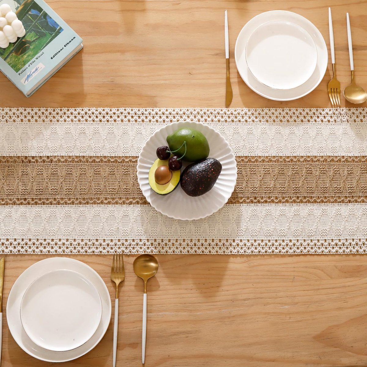 Tafelloper Jute - Tafelkleed Boho - Tafel Decoratie - Macramé Patroon - 30 x 200 cm - Natuurlijk