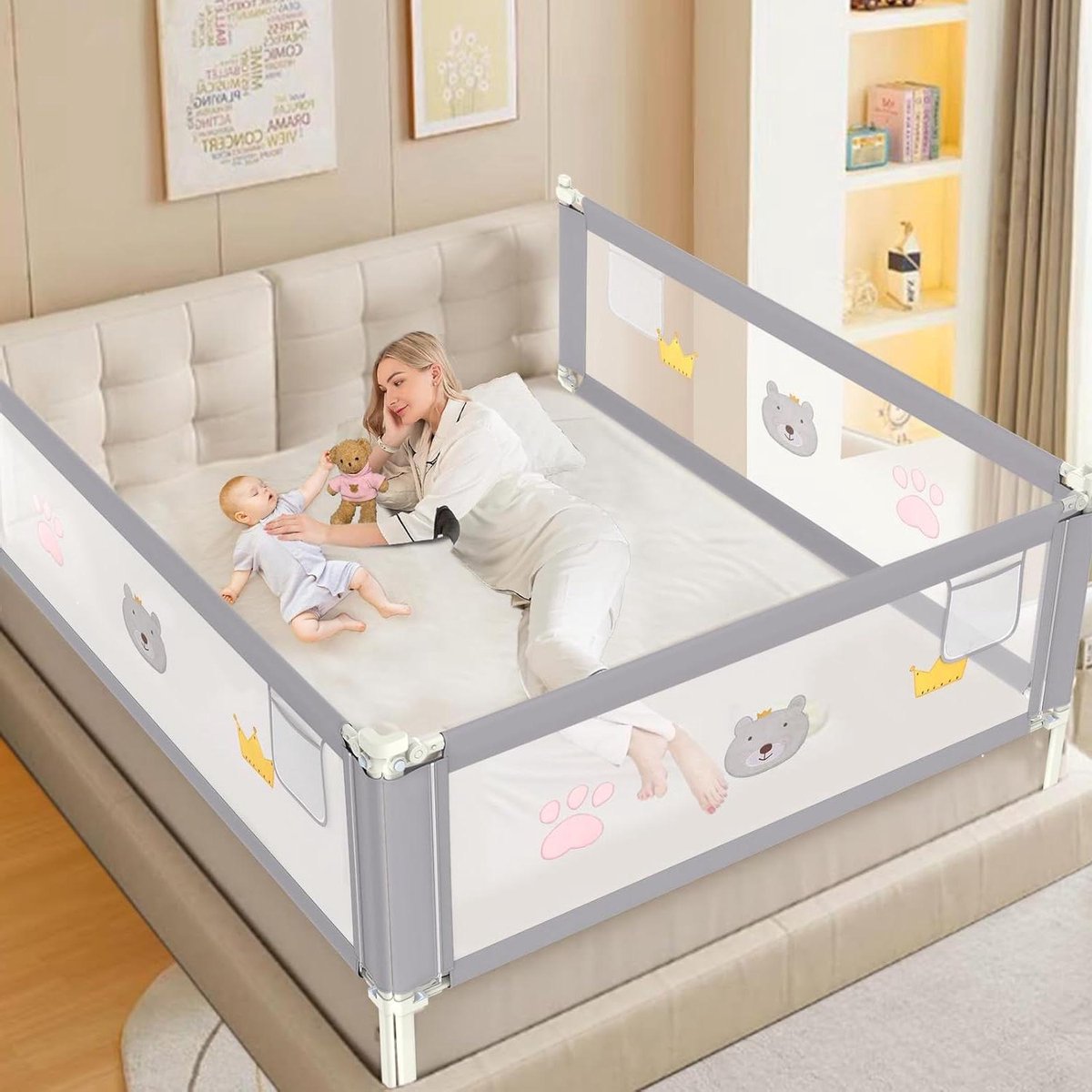 In hoogte verstelbare bedrail voor peuters, veiligheid van kinderen, babybedrail voor twin/full/kingsize/queensize bed (3 zijden, 178 x 178 x 137 cm)