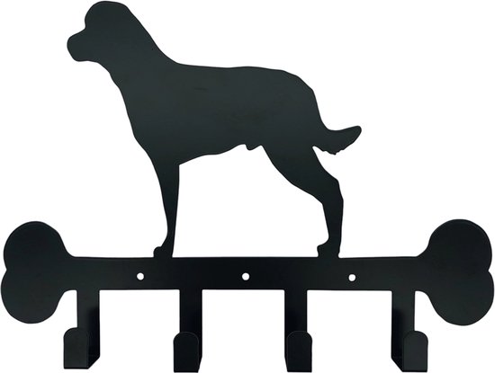 Zwart metalen sleutelrek met 4 haakjes, vormgegeven als een hond op een bot.