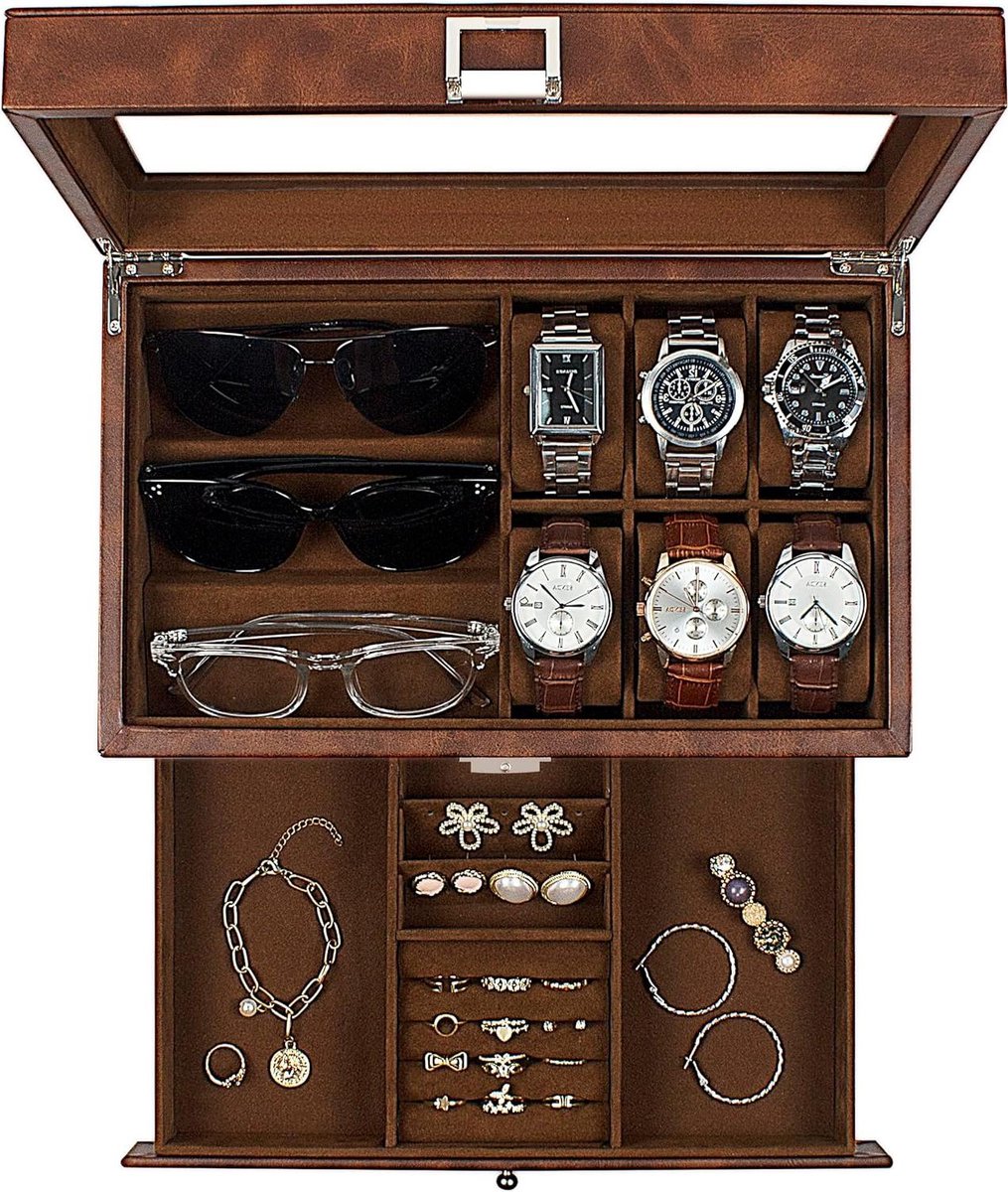 Horlogedoos met 6 vakken - Sieradenkist Opberger - Sieraden Opbergen - Met Glazen Deksel - Niet Gespecificeerd - Bruin