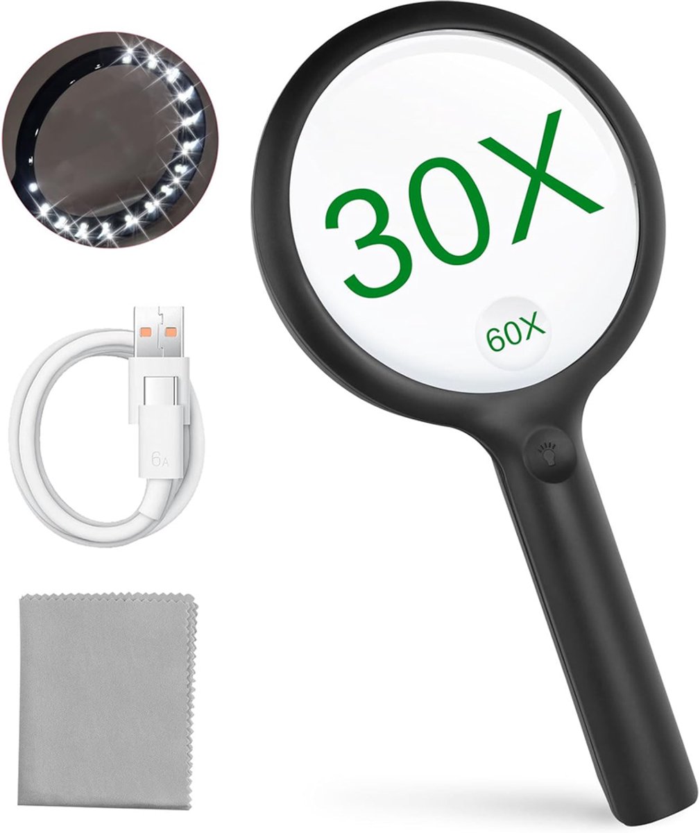 Vergrootglas met Verlichting - Leesloep voor ouderen - Loep met LED verlichting - 30x Hoofdlens en 60x DetailLens - USB Oplaadbaar - Leesloep - Loep - 3 Lichtstanden - Zwart