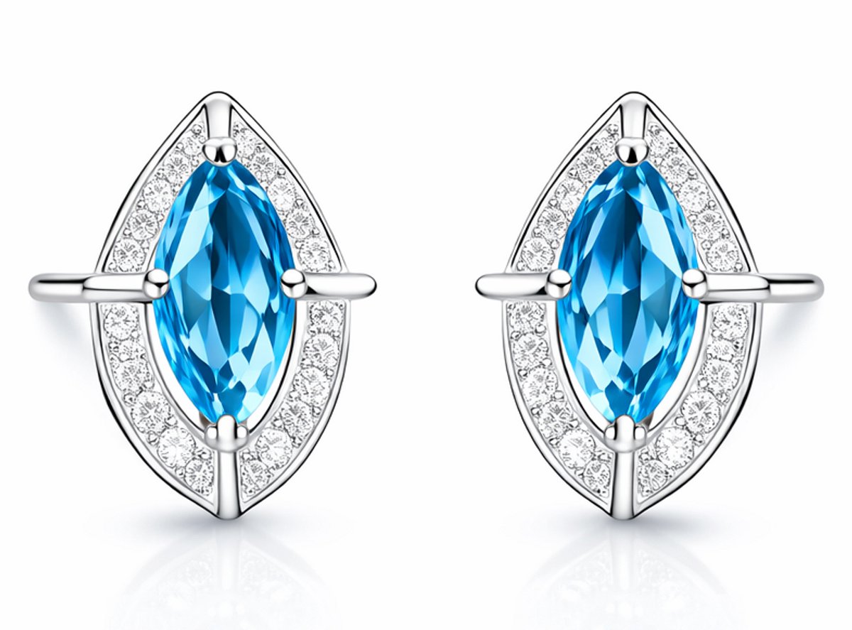 WK 925 Sterling Zilveren Oorknopjes met Natuurlijke London Blue Topaas – Marquise Geslepen Luxe Oorbellen - Oorbellen meisje - 925 Silver