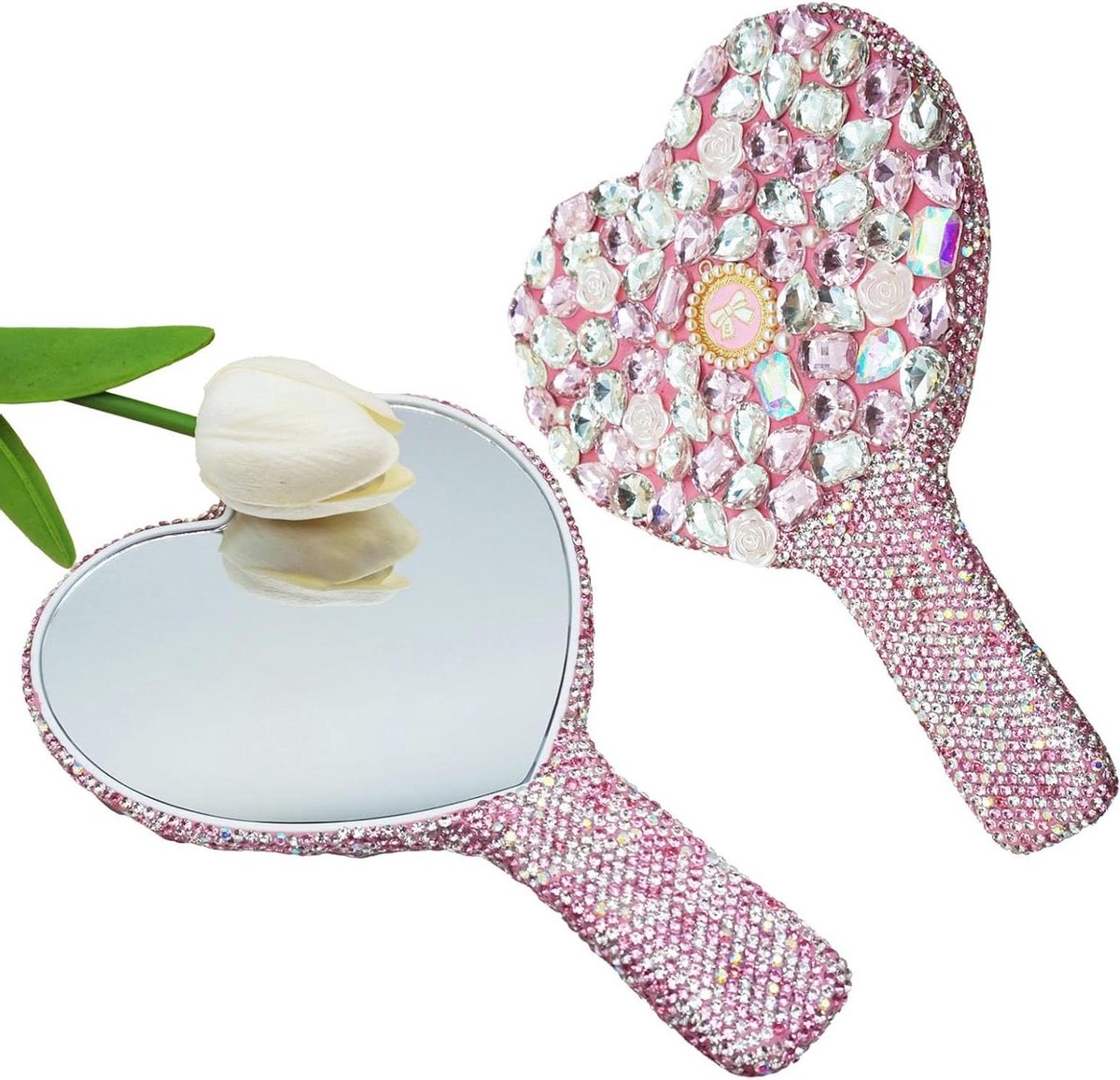 Hart Handspiegel - Make-up Spiegel - Make-up Aanbrengen - Kristallen Versiering - 165 x 10 cm - Champagne Roze