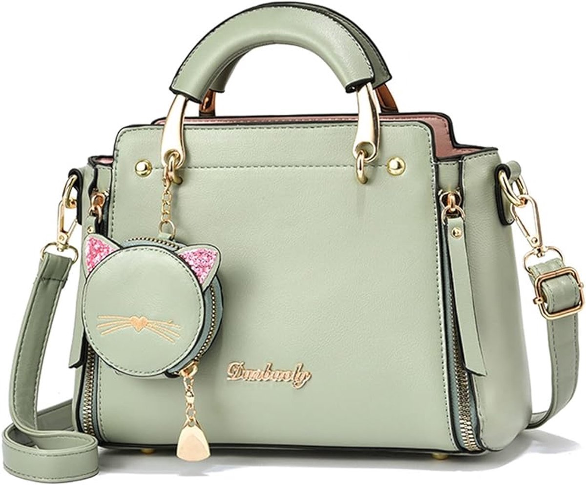 Dames Handtas & Crossbody Tas – PU Leer – Inclusief Katten Portemonnee – Verstelbare Schouderband – Mint Groen