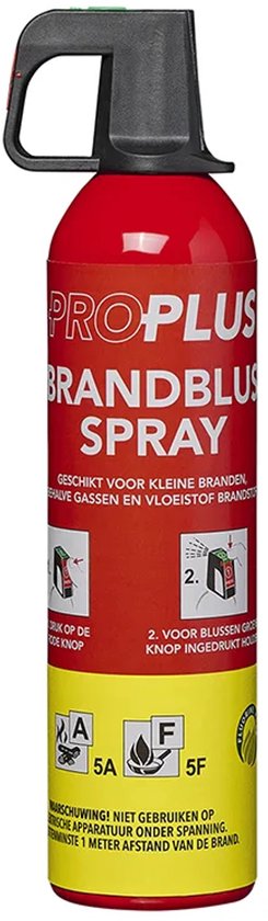 Rode brandblusser spray met zwarte en gele opdruk. Met instructies en pictogrammen.