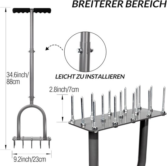 Walensee Gazonbeluchter, spike, metaal, handmatige verticutering, vloerventilatie, gazon met 15 ijzeren spikes, voorgemonteerde gras-beluchter, gereedschap van Merkloos	 — afbeelding 3