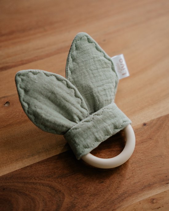 Little Livo Siliconen Bijtring Baby Mint met Knisperende Konijnoortjes - Handgemaakt - Mousseline Katoen - Bijtspeelgoed - Zacht & Veilig van Little — afbeelding 2