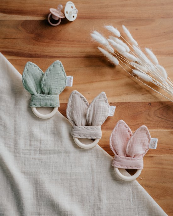 Little Livo Siliconen Bijtring Baby Mint met Knisperende Konijnoortjes - Handgemaakt - Mousseline Katoen - Bijtspeelgoed - Zacht & Veilig van Little — afbeelding 3