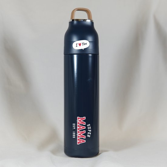 Gepersonaliseerd Cadeau voor Mama - Thermosfles met "Super Mama" - Donkerblauw Thermosfles 500ml - Thermosbeker Koffie - Thermosbeker Travel Mug - Moederdag - Moederdag Cadeautje - Moederdag Cadeau