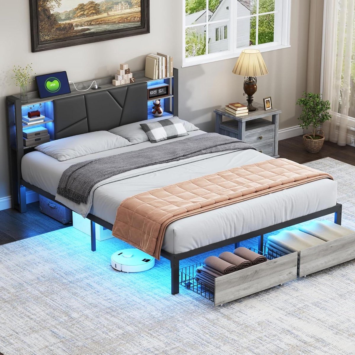 Gestoffeerd Bed - Opbergbed Bedframe - Ruimte Besparen - Met Ingebouwde Laden - 160x200 cm - Zwart