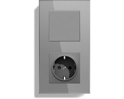 Lichtschakelaar met stopcontact - Wandschakelaar Dubbel - Eenvoudige Bediening - Krasbestendig Glasoppervlak - 86x157mm - Grijs