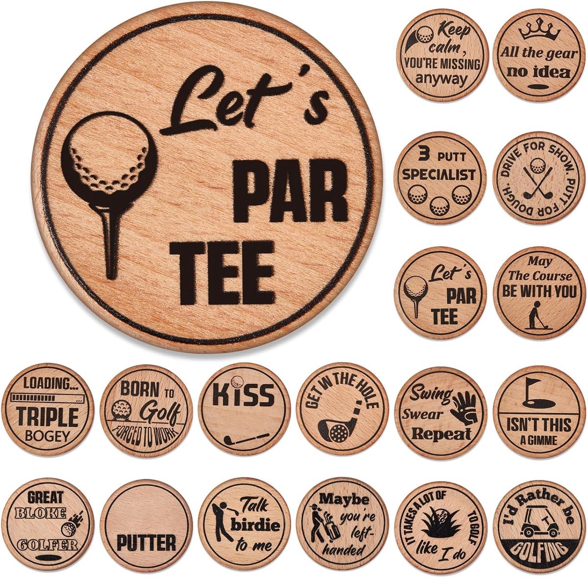 18 Pcs Funny Golf Ball Markers - Wood Golf Balls - Putting Carpet Golf Gift voor Schilderen - Putter - Echtgenoot - Vader - Kerstmis