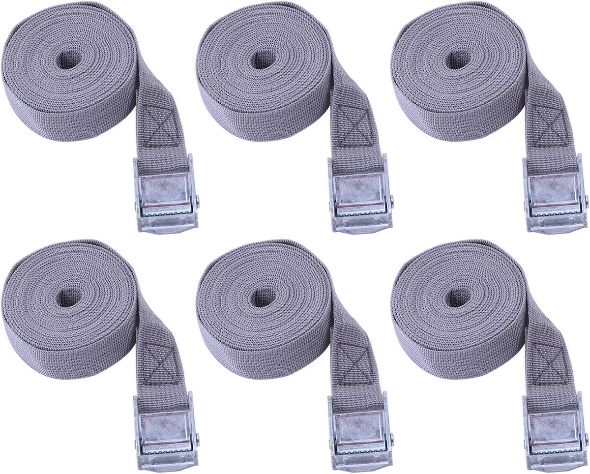 Set van 6 Ratelsjorbanden - Spanbanden met Gesp - Trekbanden voor Verwerking - Autotransport - Motorfiets - Fiets - Opslag - 25mm x 1m - Grijs-Beige