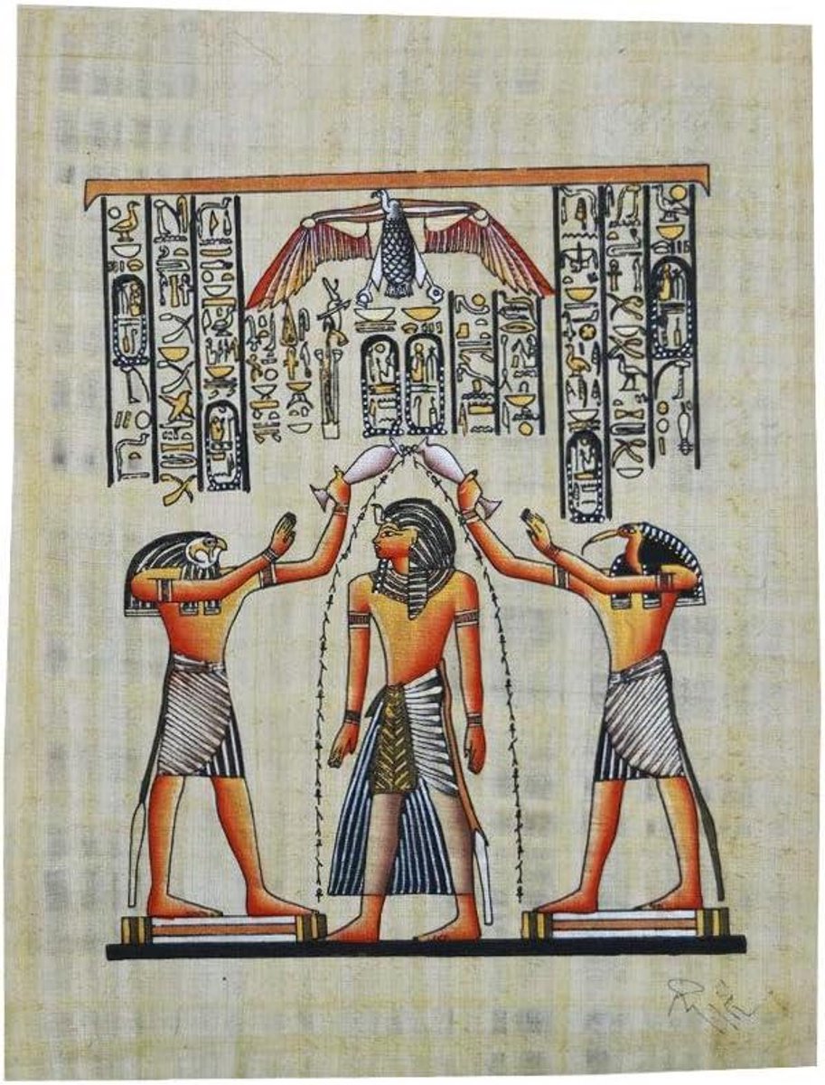 Papyrus Schilderij Set - Egyptische Papyrus - Wanddecoratie Woonkamer - Handgeschilderd Egypte - 3x 33x43 cm - Aardse tinten