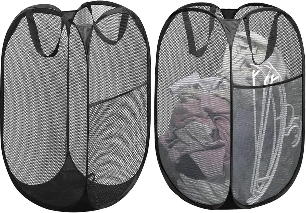 Pack of 2 Pop Up Laundry Baskets - 36 x 36 x 60 cm - Vouwbare Mesh Wasmand - Pop Up Wasmand Met Handvat - Draagbaar Net - Voor Kinderkamer - Studentenhuis - Reizen - Zwart
