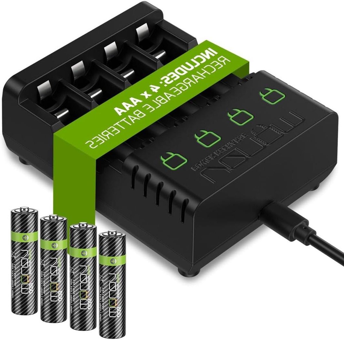 Oplaadbare AAA Batterijen - Batterijen Set - Apparaten Voeden - Inclusief Laadstation - 4 x 800mAh - Zwart