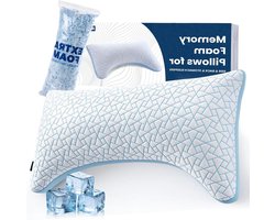 Ergonomisch Kussen - Zijslaper Kussen - Nekpijn Verlichten - Verstelbaar Traagschuim - 43x14 cm - Blauw Wit