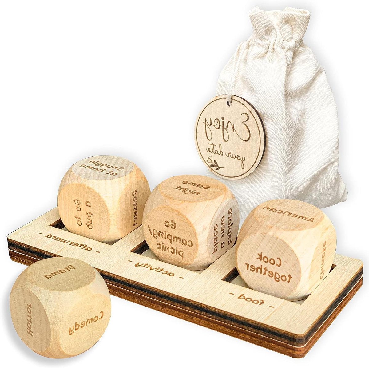 Date Night Dobbelstenen - Koppel Spel - Romantische Avonden - Houten Beslissers - 3x3x3 cm - Natuurlijk Hout