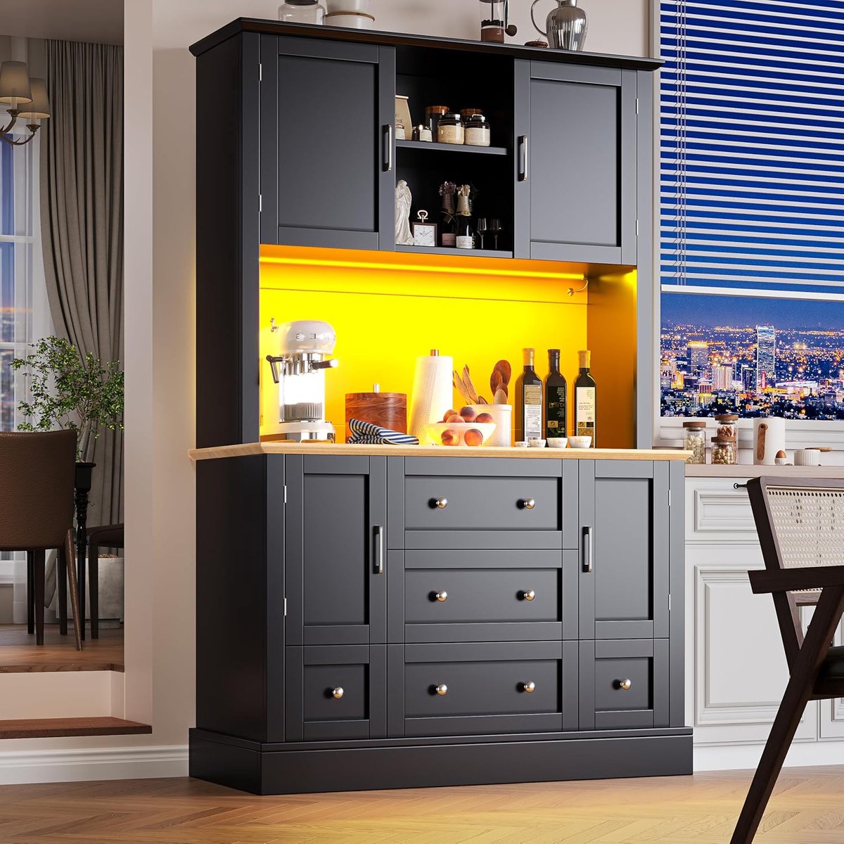 Moderne Hoge Keukenkast 115x40x180 cm Zwart – Sideboard met 4 Deuren, 3 Lades, Open Opbergruimte, Kantelbeveiliging & Ambient LED Functie